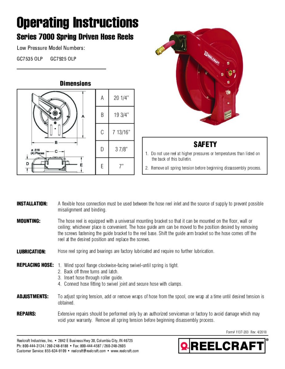 Service Manuals - Hose, Cord and Cable Reels - Reelcraft