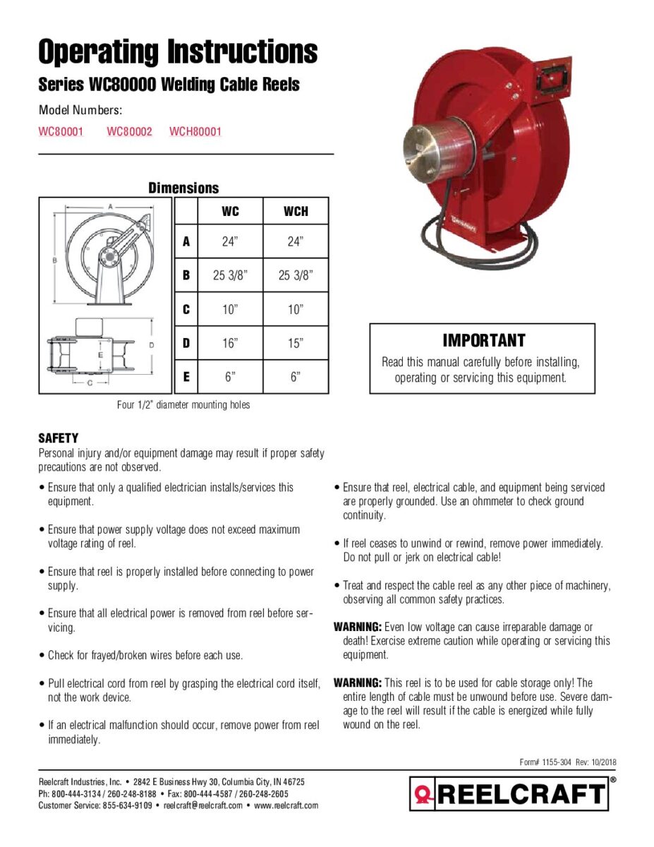 Service Manuals - Hose, Cord and Cable Reels - Reelcraft