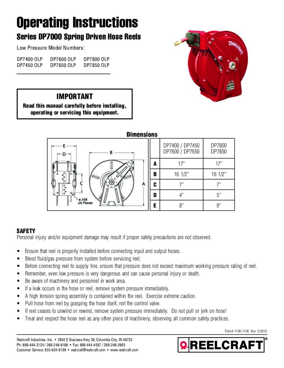 User manual Reelcraft 4625 OLP (English - 6 pages)