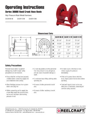 Reelcraft CA38112 M - 1/2 in. x 200 ft. Premium Duty Hand Crank Hose Reel