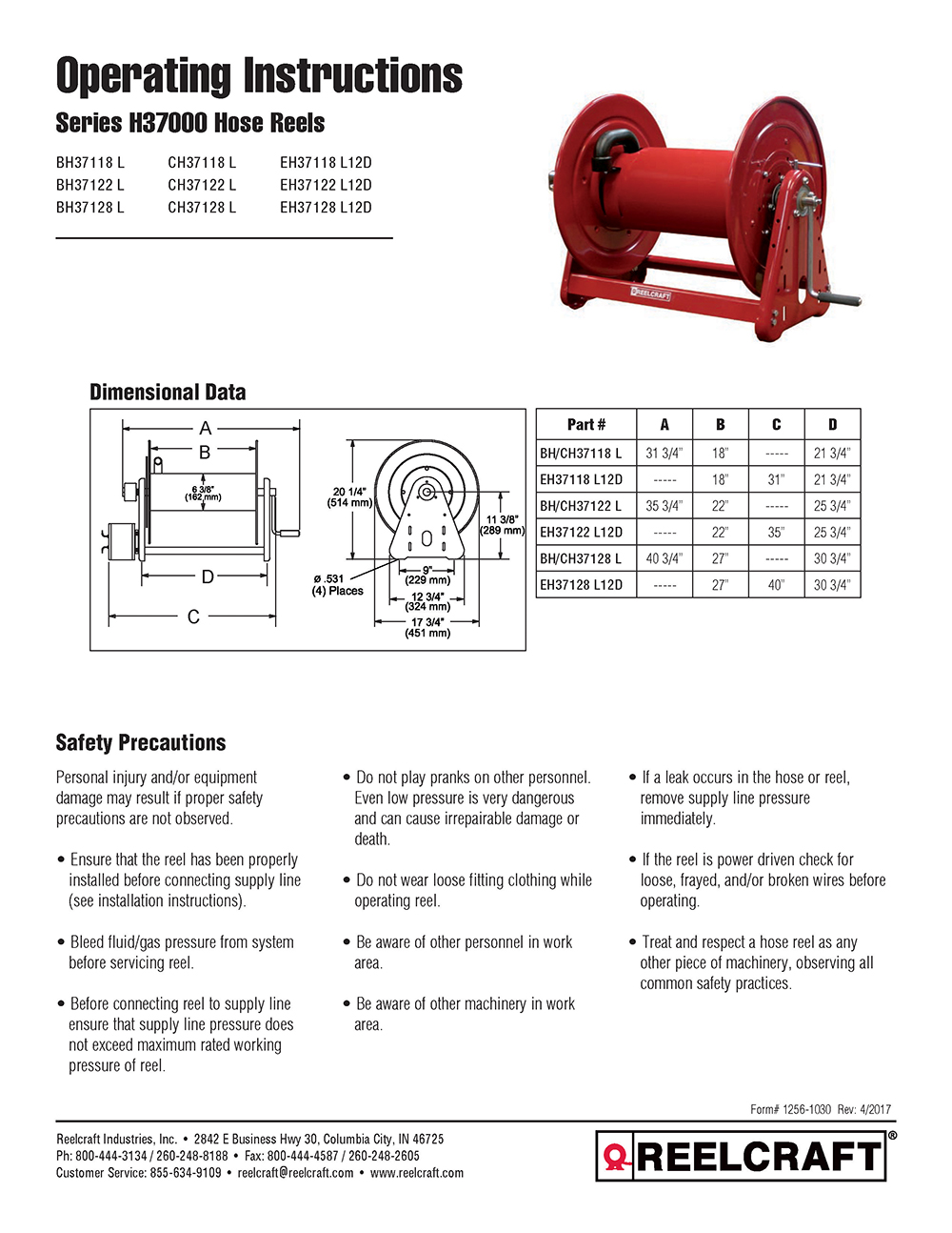 Reelcraft CH37112 L - 1 in. x 50 ft. Premium Duty Hand Crank Hose Reel