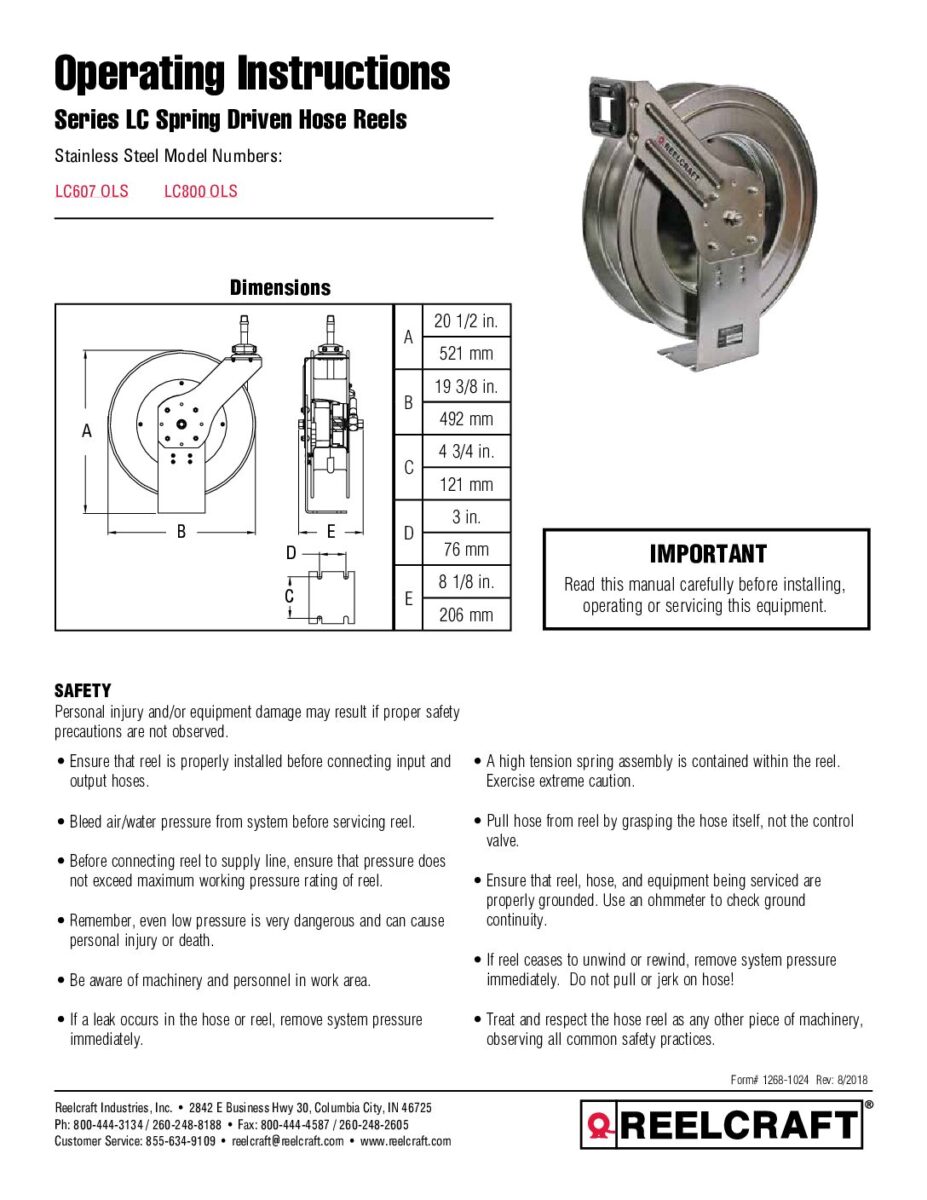 Reelcraft E9305 OLPBW Hose Reel Assembly, 9000 Series