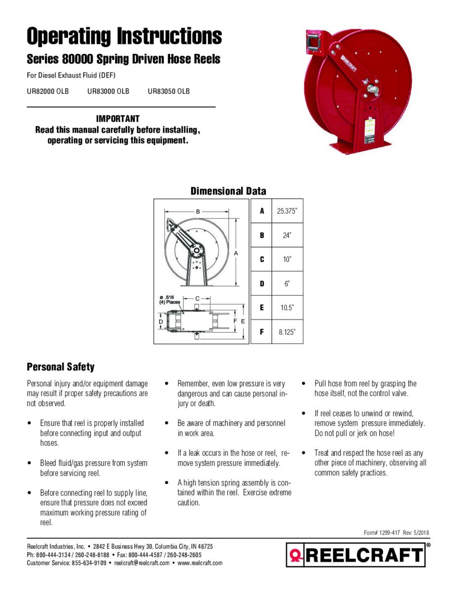 Service Manuals - Hose, Cord and Cable Reels - Reelcraft