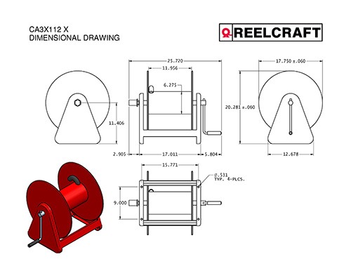Reelcraft Ca33112 L Hand Crank No Hose, 1000 Psi Hose Reel, 3/4 X
