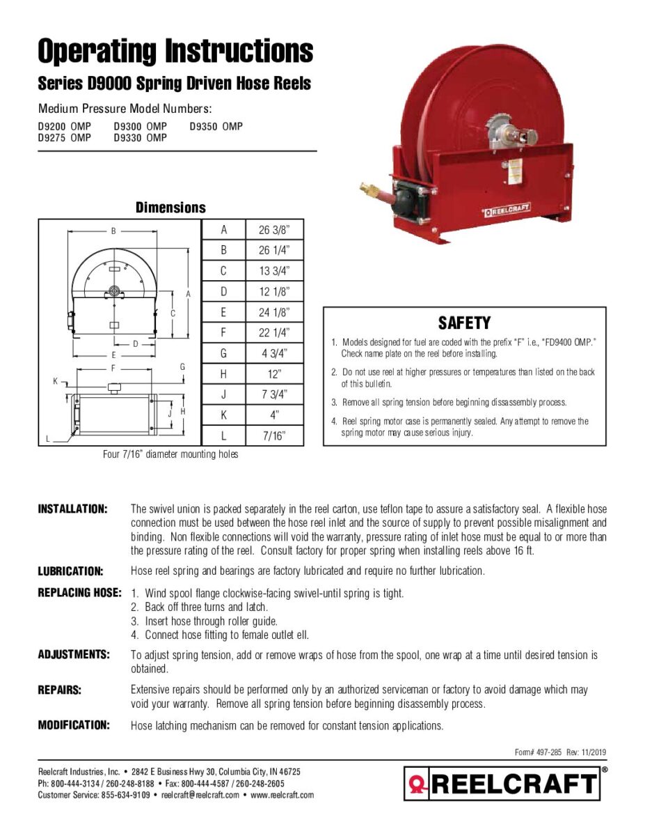 Reelcraft EA32128 L10A Hose Reel Specifications