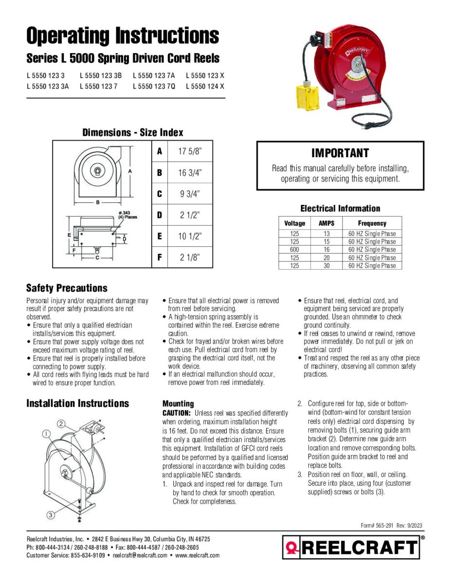 Service Manuals - Hose, Cord and Cable Reels - Reelcraft