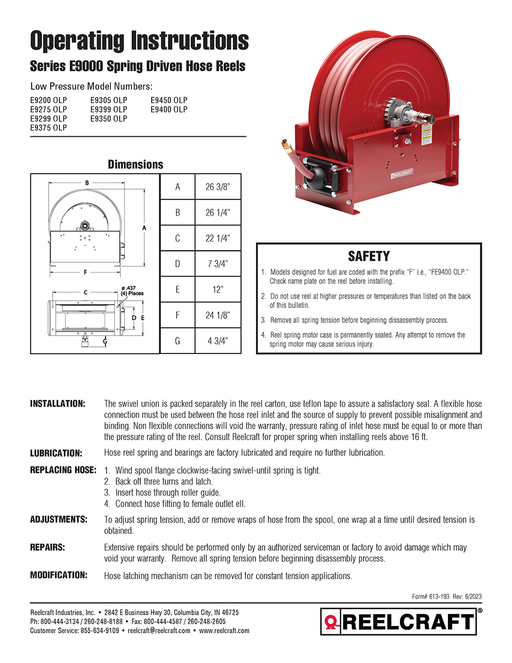 Reelcraft E9305 OLPBW - 3/4 in. x 100 ft. Ultimate Duty Vehicle-Mount Hose  Reel