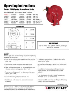 Reelcraft 7850 OLP-HTH Hose Reel Specifications