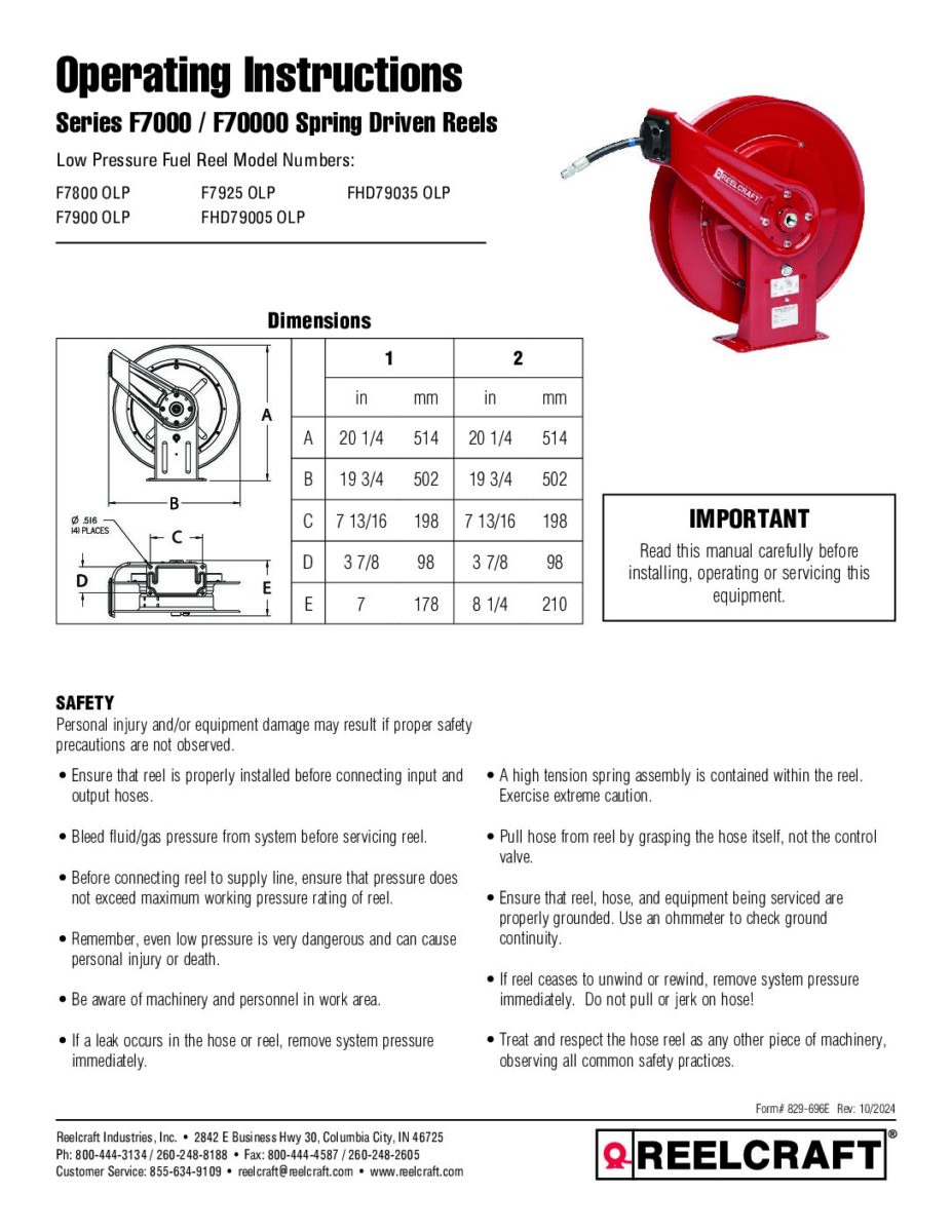 Service Manuals - Hose, Cord and Cable Reels - Reelcraft