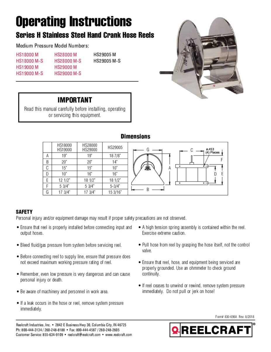 Reelcraft CA30106-CS Hose Reel Specifications