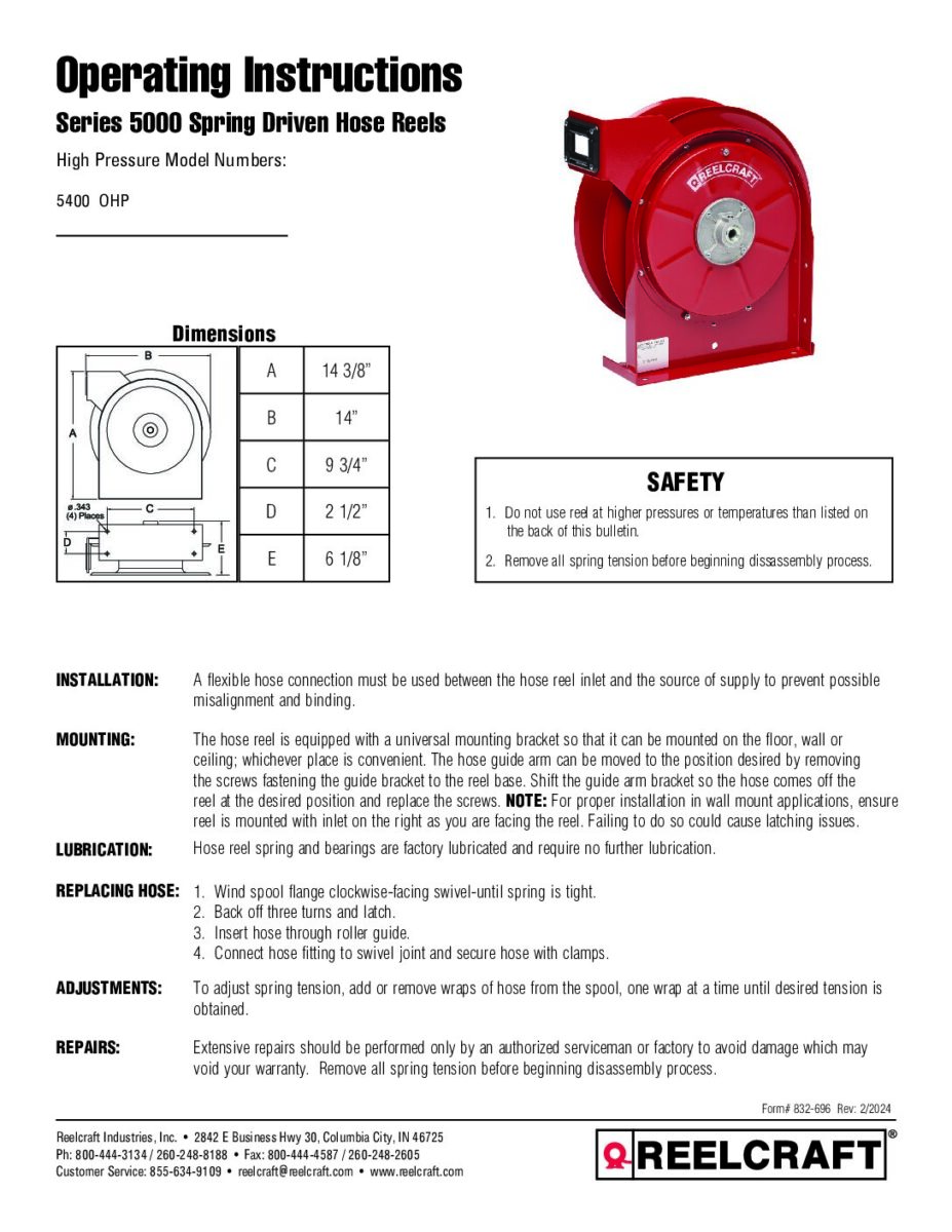 Reelcraft 7850 OMP 1/2-Inch by 50-Feet Spring Driven Hose Reel for Oil