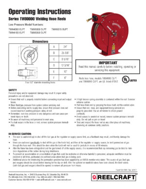 Reelcraft TW86000 OLPT - 3/8 in. x 75 ft. Twin Line Welding Hose Reel  T-Grade