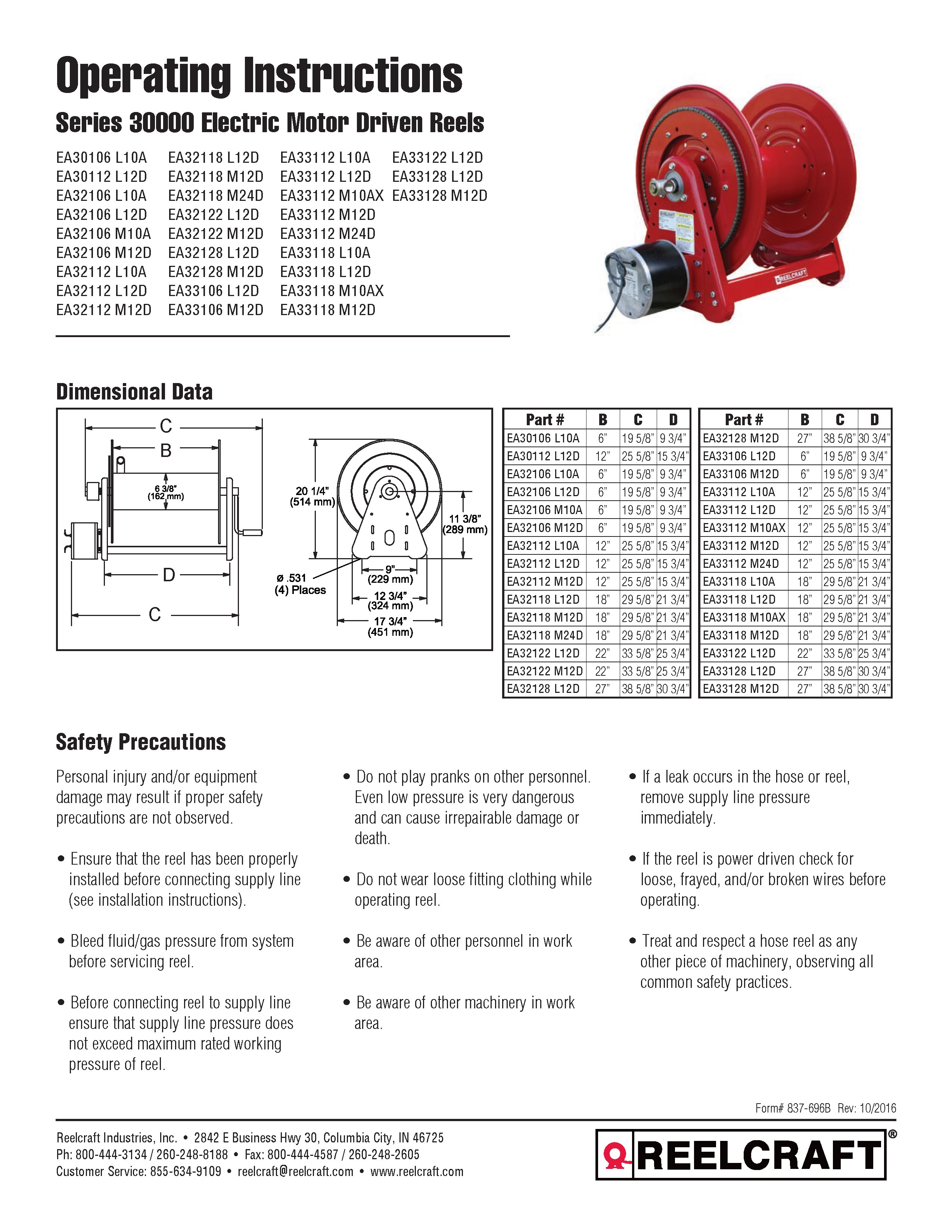 Reelcraft EA33128 M12D - 3/4 in. x 275 ft. Premium Duty 12 V DC Motor  Driven Hose Reel