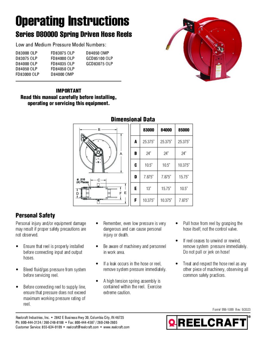 Service Manuals - Hose, Cord and Cable Reels - Reelcraft