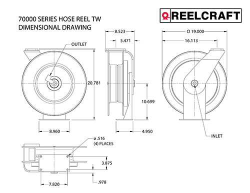 Reelcraft HD74100 OHP - 1/4 in. x 100 ft. Heavy Duty Mobile Base