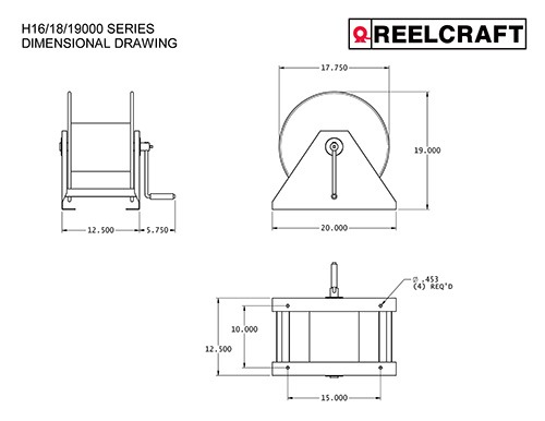 REELCRAFT, 200 ft (1/2 in I.D.), 17 3/4 in L x 25 3/4 in W x 20 1/4 in H,  Hand Crank Hose Reel - 4NA98