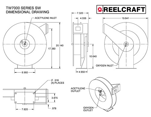 Reelcraft TW7450 OLPT - 1/4 in. x 50 ft. Twin Line Welding Hose Reel T-Grade