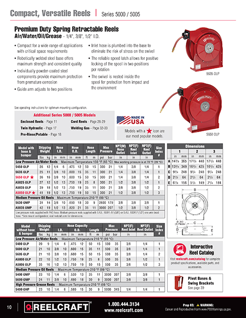 MSC Reelcraft RT650-OLP 50' Spring Retractable Hose Reel 300 psi, Hose  Included