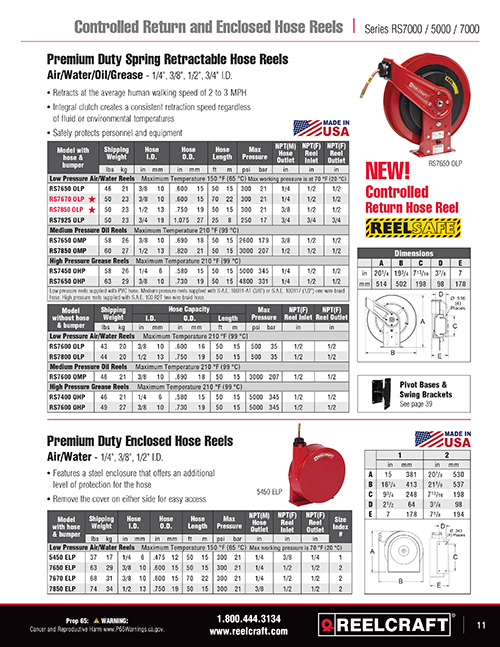 Reelcraft Catalog Page 11 - Series RS7000 & Enclosed Hose Reels