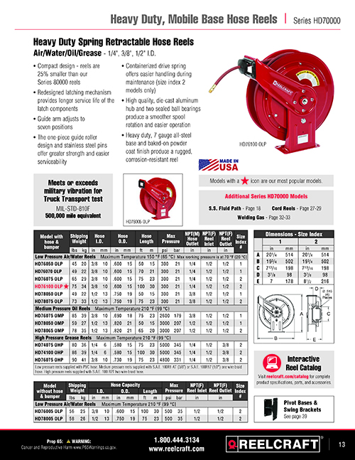 Reelcraft HD74100 OHP - 1/4 in. x 100 ft. Heavy Duty Mobile Base Hose Reel