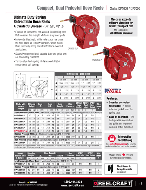 Reelcraft DP7650 OHP - 3/8 in. x 50 ft. Compact Dual Pedestal Hose Reel