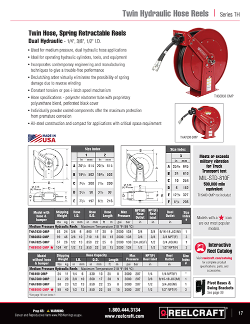 Reelcraft TH88000 OMP - 1/2 in. x 50 ft. Twin Hydraulic Hose Reel