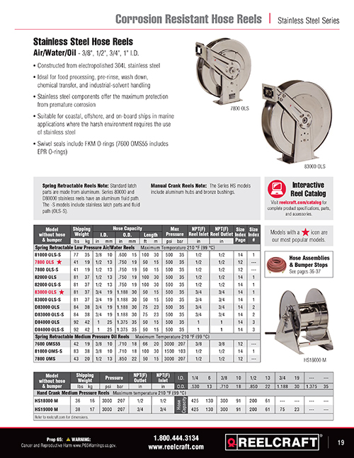 Reelcraft® 5600 OLS 5000 Corrosion-Resistant Low and Medium Pressure Hose  Reel, 3/8 in ID x 3/5 in OD x 35 ft L Hose, 300 psi Pressure, 14 in Dia x 2- 1/2 in W Reel, Domestic