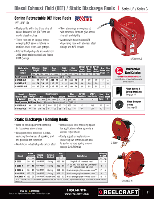 Reelcraft G 3050 - Heavy Duty Spring Retractable Bonding Reel