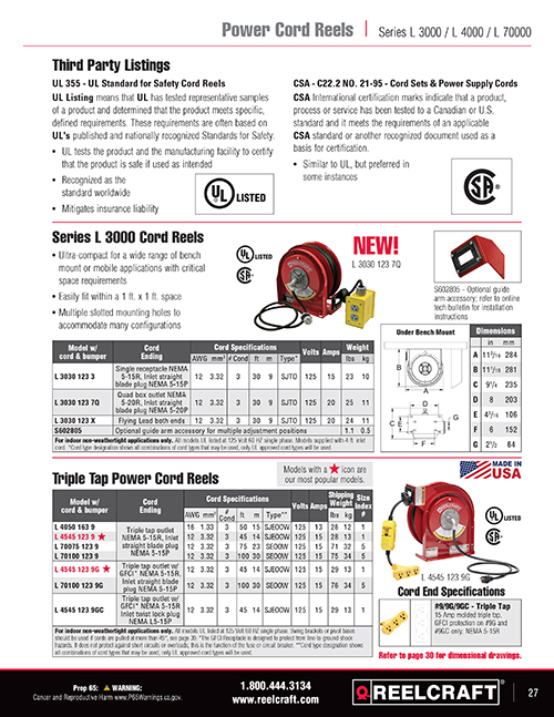 Reelcraft Catalog Page 27 - Power & Light Cord Reels