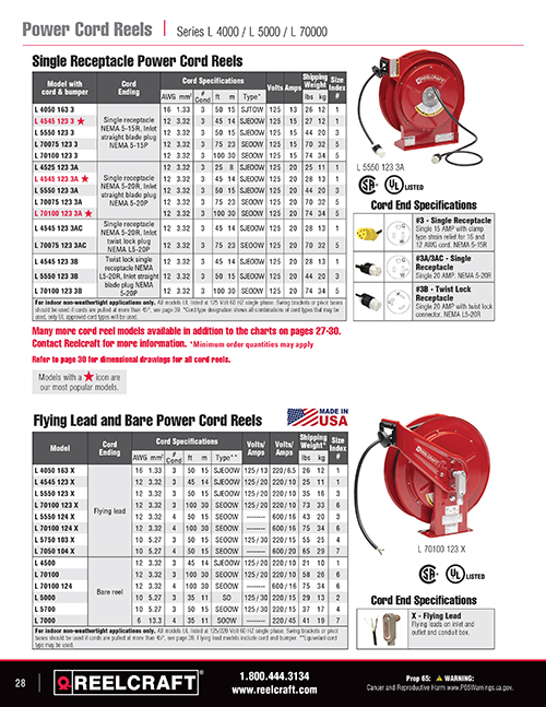 Reelcraft L 4545 123 X - 12/3 45 ft. Premium Duty Flying Lead Power Cord  Reel