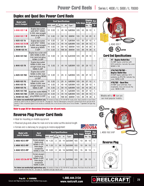 Duplex and Quad Box Power Cord Reels Reverse Plug Power Cord Reels