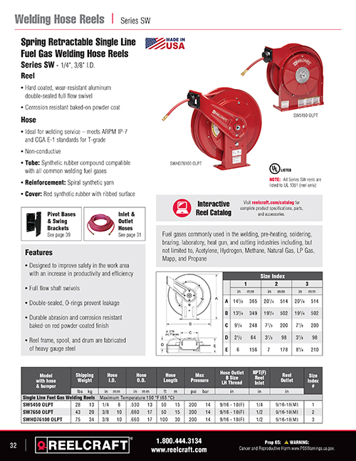 Reelcraft Catalog Page 32 - Series SW Single Line Welding Reels