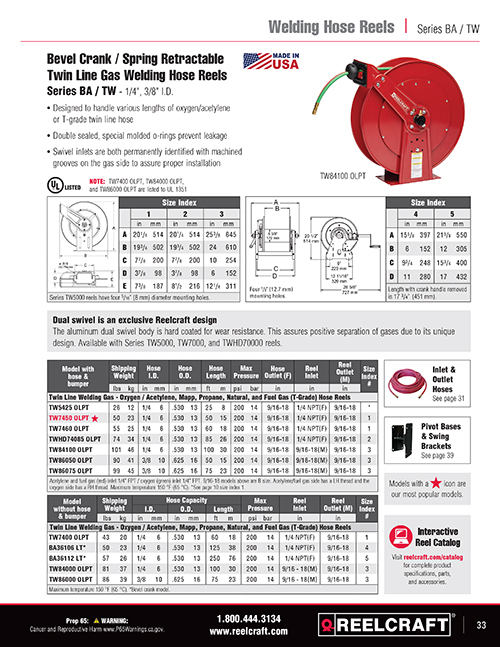 Reelcraft Catalog Page 33 - Series TW & BA Twin Line Welding Reels