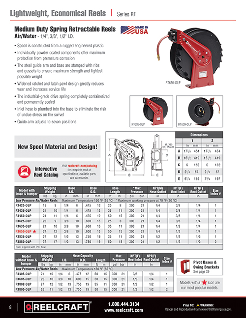 Reelcraft A5850 OLP Retractable Hose Reel 1/2 x 50ft, 300 psi, for Air &  Water service with hose included